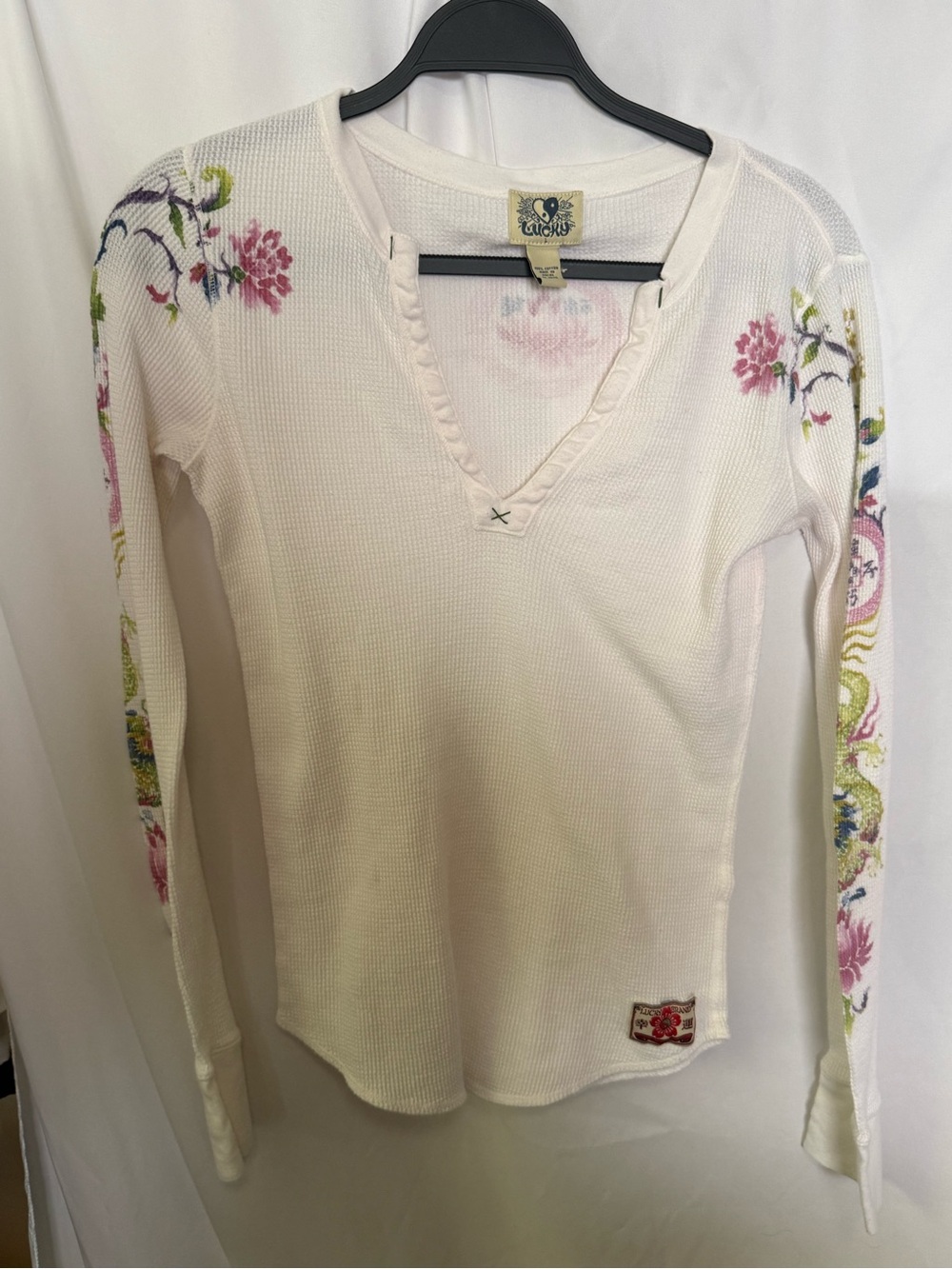 Lucky Brand Off White Waffle-Knit Long Sleeve Top w/ Pink Floral Accents Sz L